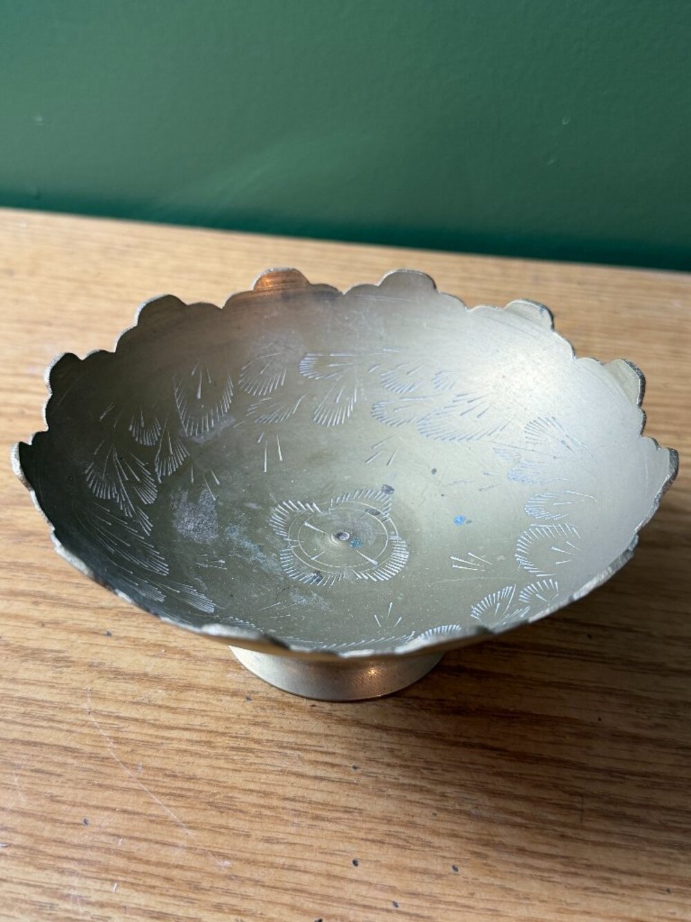 Vintage Hand Etched Brass Pedestal Bowl Scalloped Rim India 5.5” Compote